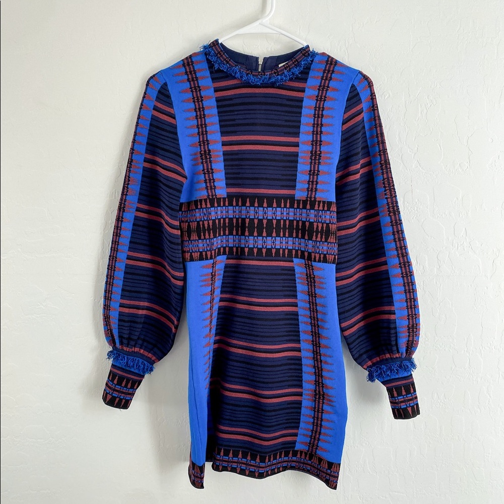 Ronny Kobo Natanya Dress Blue Black Brown Striped Long Sleeve Size Small